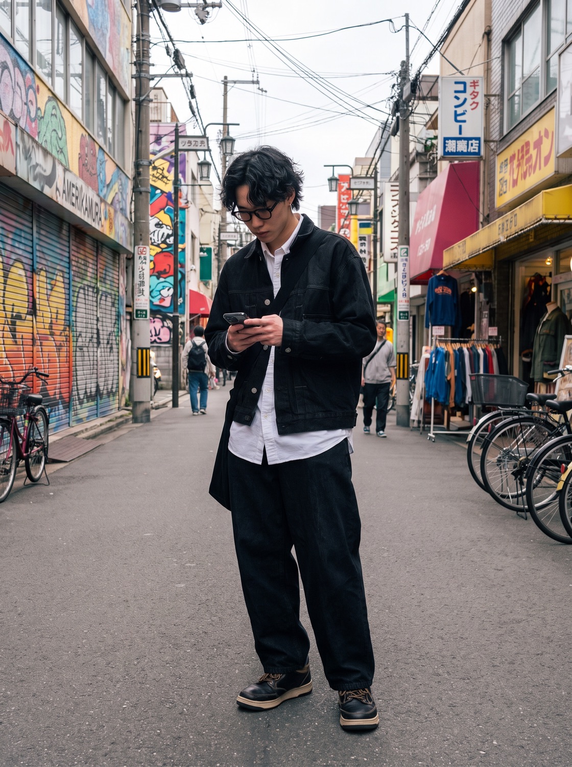 A young man in a black denim jacket and wide trousers checks his phone on a graffiti-lined shopping street in Amerikamura, Osaka.