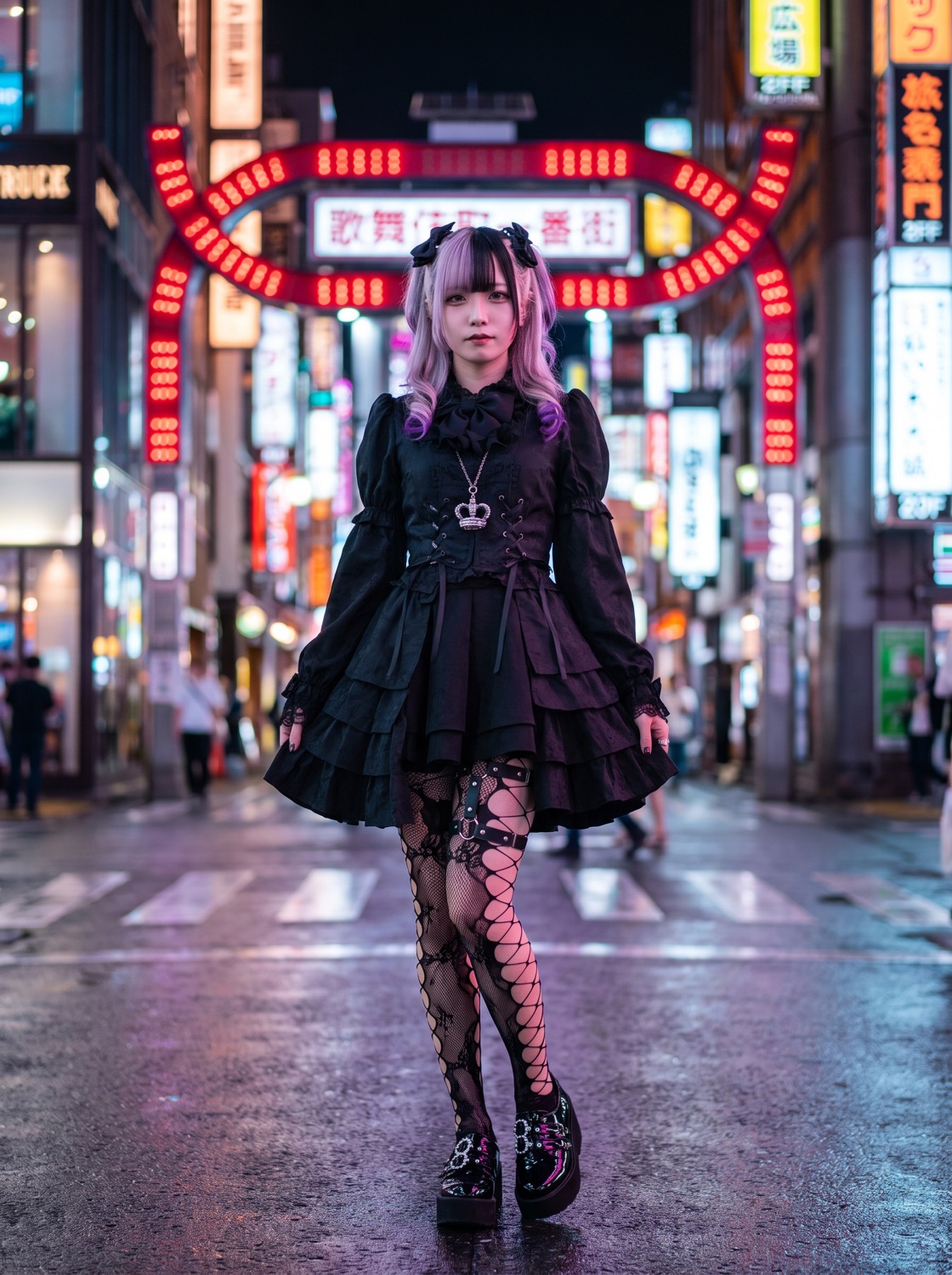A woman in black gothic lolita fashion with lavender hair stands in the street under the red neon gate of Kabukicho, Shinjuku, at night.